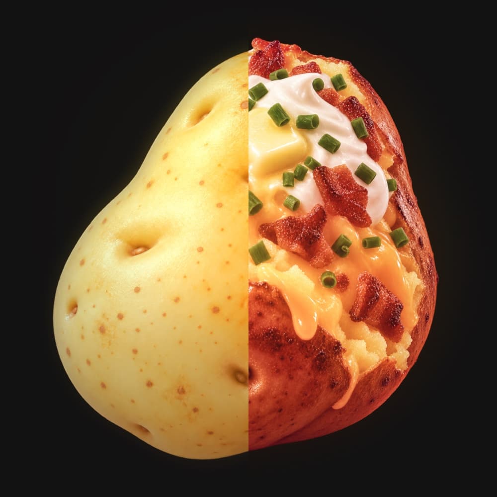 A potato, half raw and half fully loaded